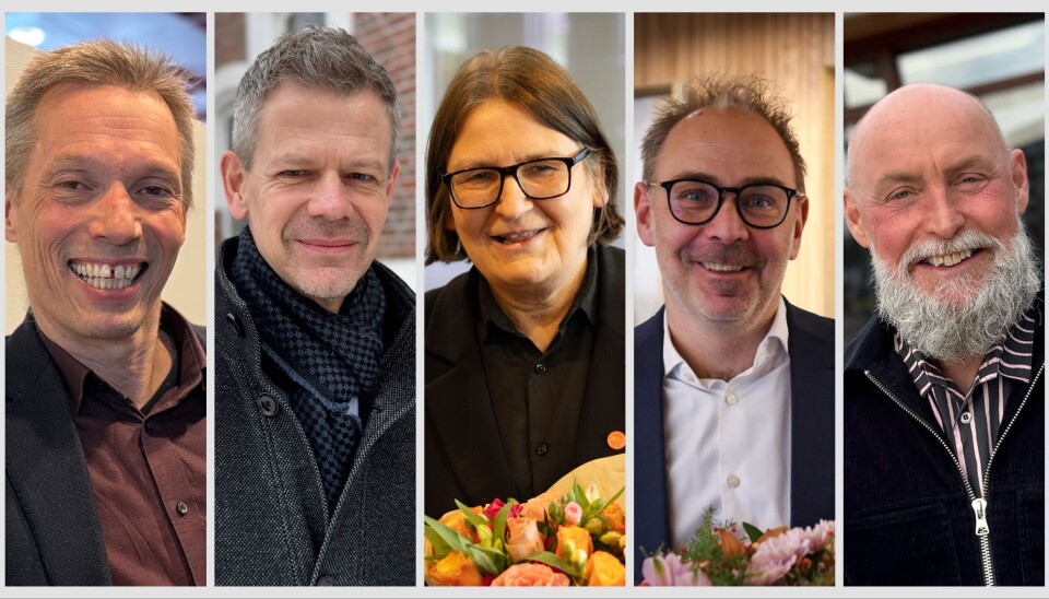Nye rektorer: Fra venstre Sturla Stålsett (MF), Solve Sæbø (NMBU), Ragnhild Hennum (UiO), Helge Thorbjørnsen (NHH) og Aage Radmann (Norges idrettshøgskole). Portretter av Gunnar Stålsett (MF), Sole Sæbø (NMBU), Ragnhild Hennum (UiO), Helge Thorbjørnsen (NHH) og Aage Radmann